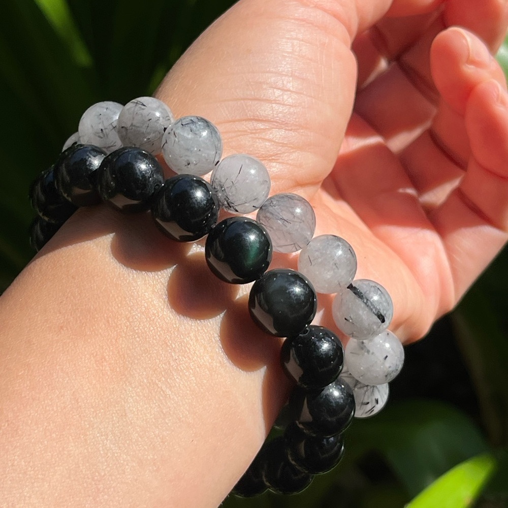 12mm‎ rainbow obsidian rutilated quartz bracelet set